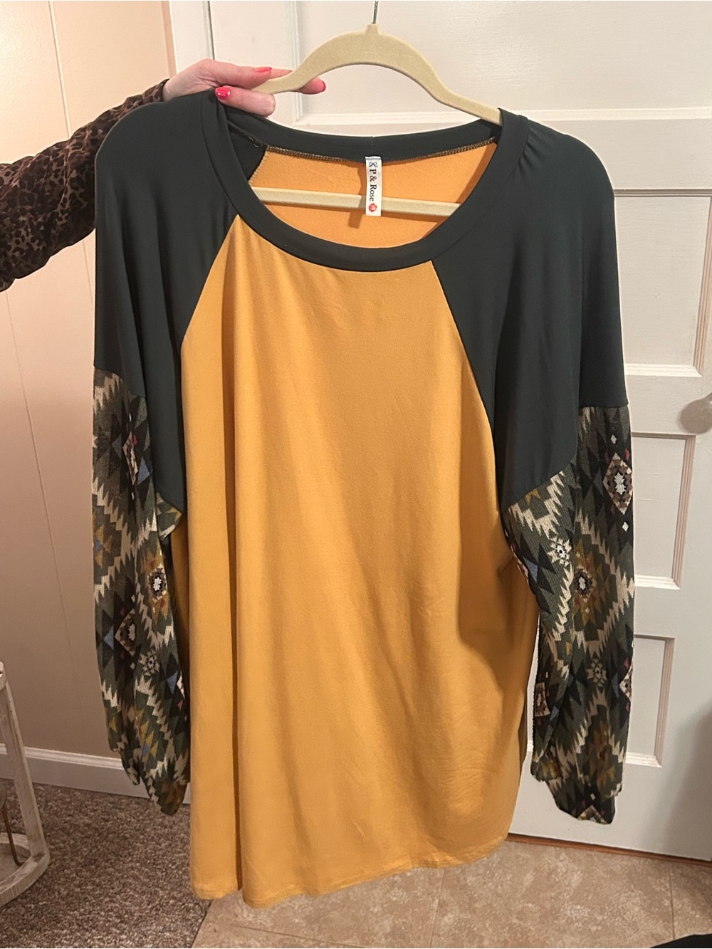 Women's Mustard and Olive Raglan Blouse with Patterned Sleeves